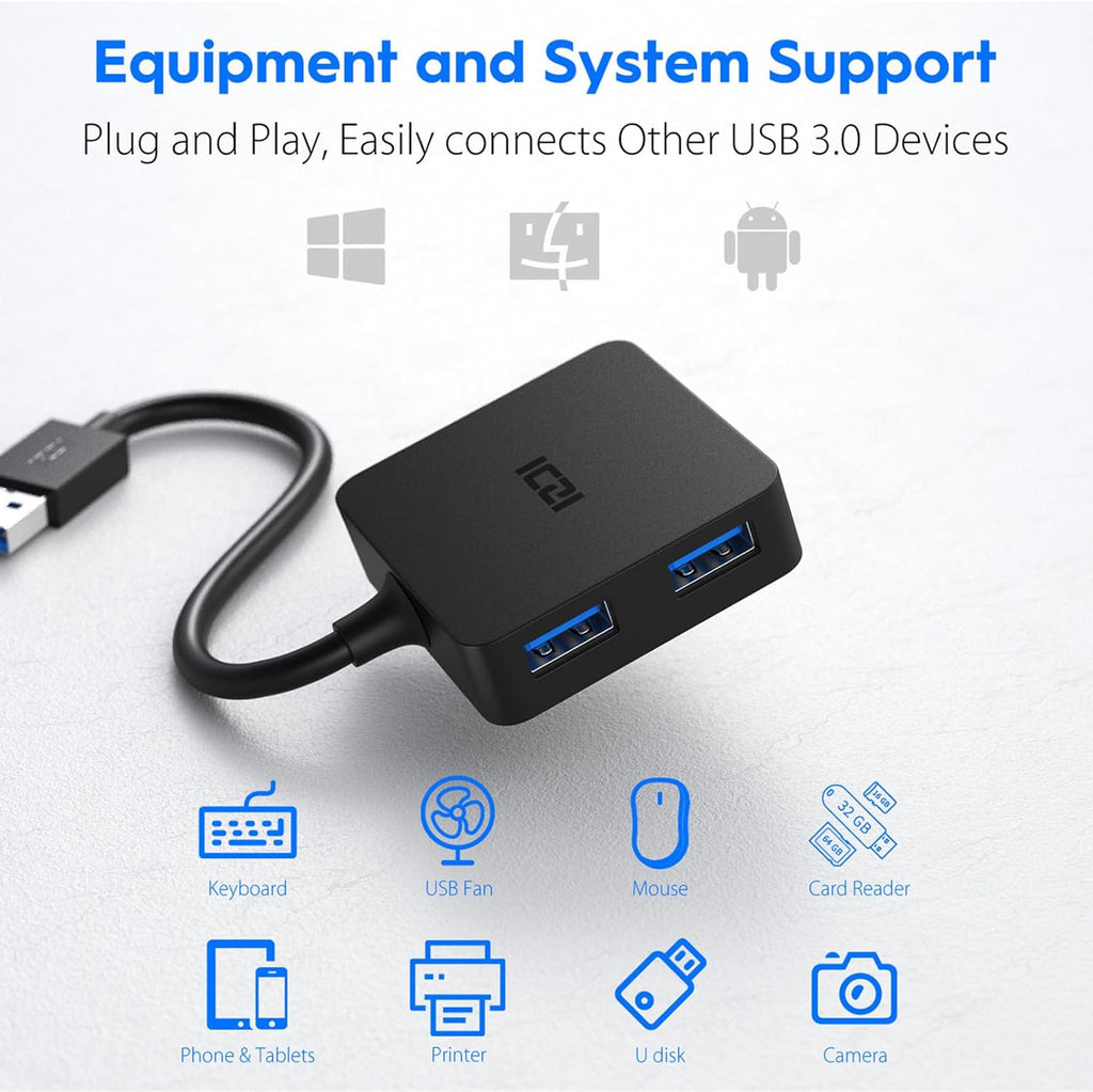 USB 3.0 Hub, 4 Ports USB Splitter Multiple Extender for Laptop, PC, Macbook, Mac Mini, Imac, Surface Pro, Mobile HDD