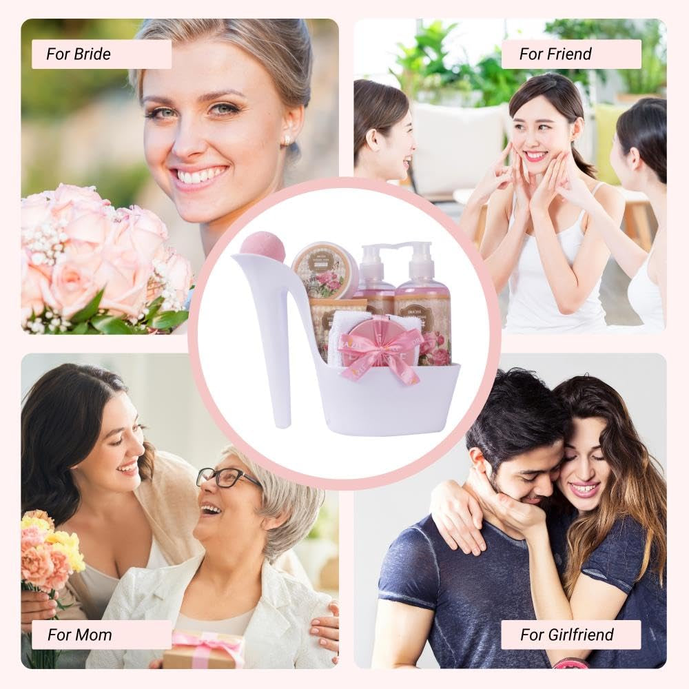 Valentine’S Day Gifts for Women – 8 Pc Spa Gift Baskets for Women, British Rose Scented Heel Shoe Spa Basket, Luxury Bath and Body Set, Self Care Gift for Her or Mom by