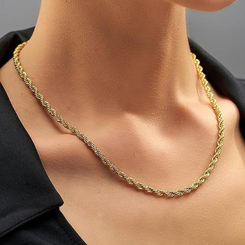 5Mm Rope Chain Necklace 24K Real Gold Plated- Women and Men (36 Inches)