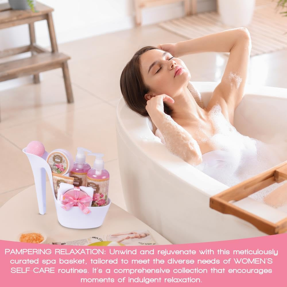Valentine’S Day Gifts for Women – 8 Pc Spa Gift Baskets for Women, British Rose Scented Heel Shoe Spa Basket, Luxury Bath and Body Set, Self Care Gift for Her or Mom by