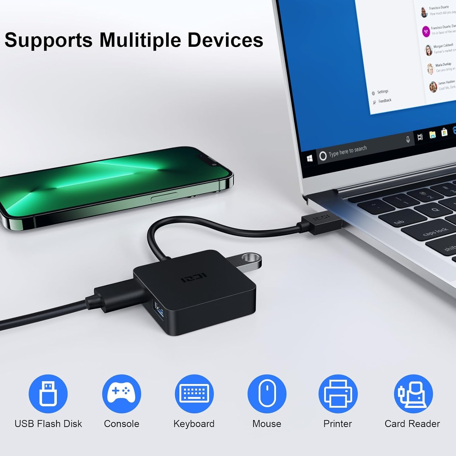 USB 3.0 Hub, 4 Ports USB Splitter Multiple Extender for Laptop, PC, Macbook, Mac Mini, Imac, Surface Pro, Mobile HDD