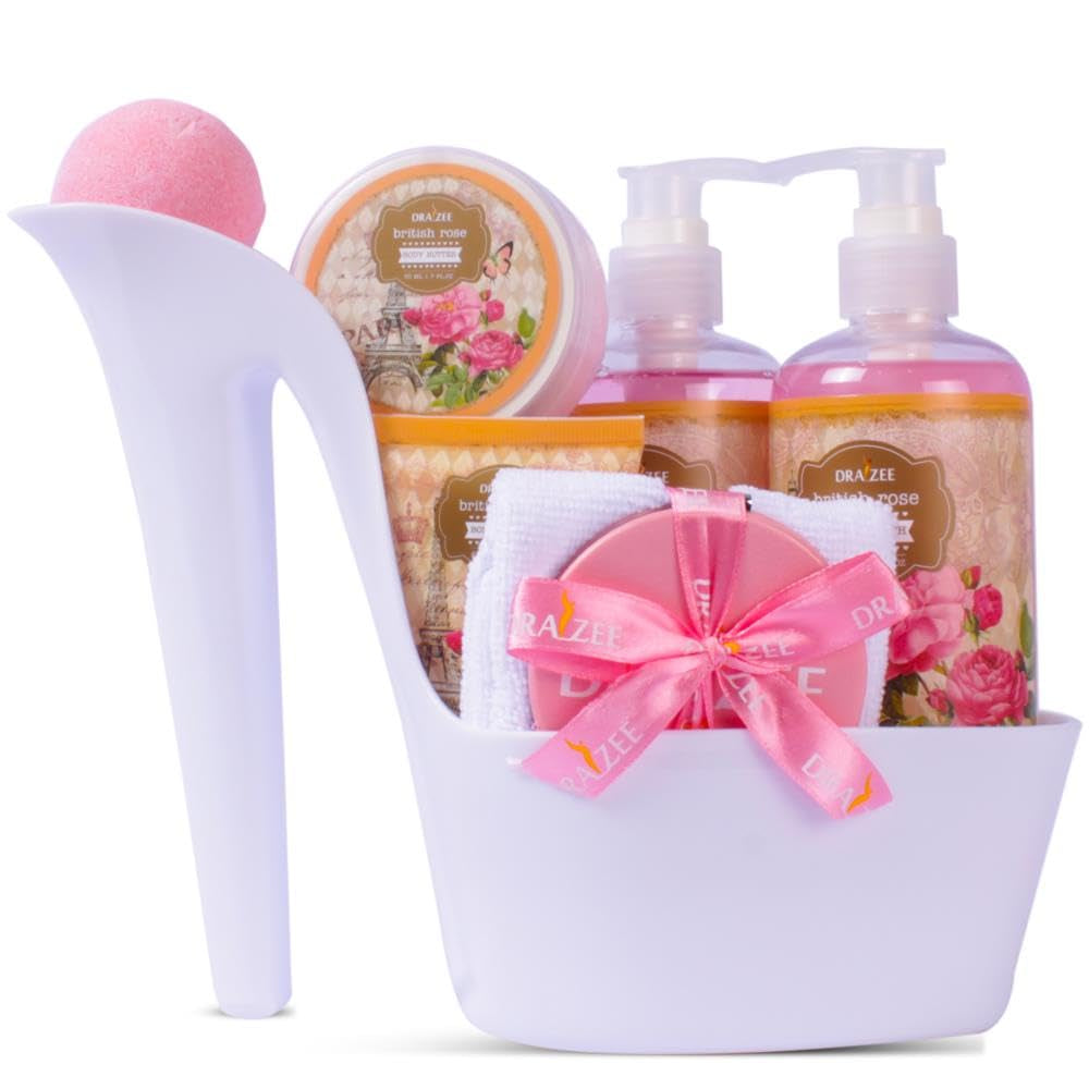 Valentine’S Day Gifts for Women – 8 Pc Spa Gift Baskets for Women, British Rose Scented Heel Shoe Spa Basket, Luxury Bath and Body Set, Self Care Gift for Her or Mom by